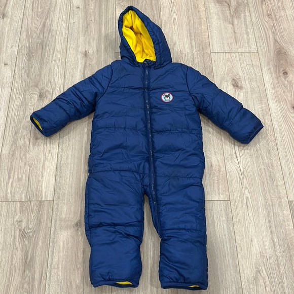 Navy Blue Hooded Snowsuit with Yellow Lining - Picture 1 of 9